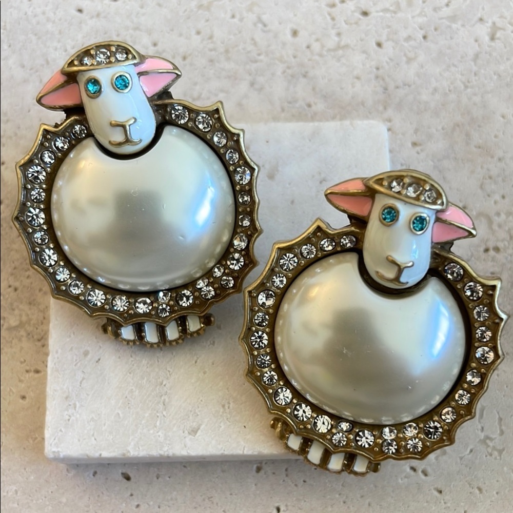 Anthropologie Sheep Earrings with Gold and Pink Accents